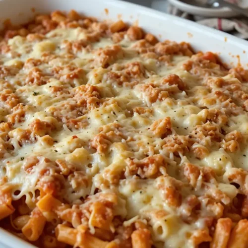 A freshly baked ziti recipe no meat in a white casserole dish, featuring pasta covered in rich tomato sauce and melted cheese.