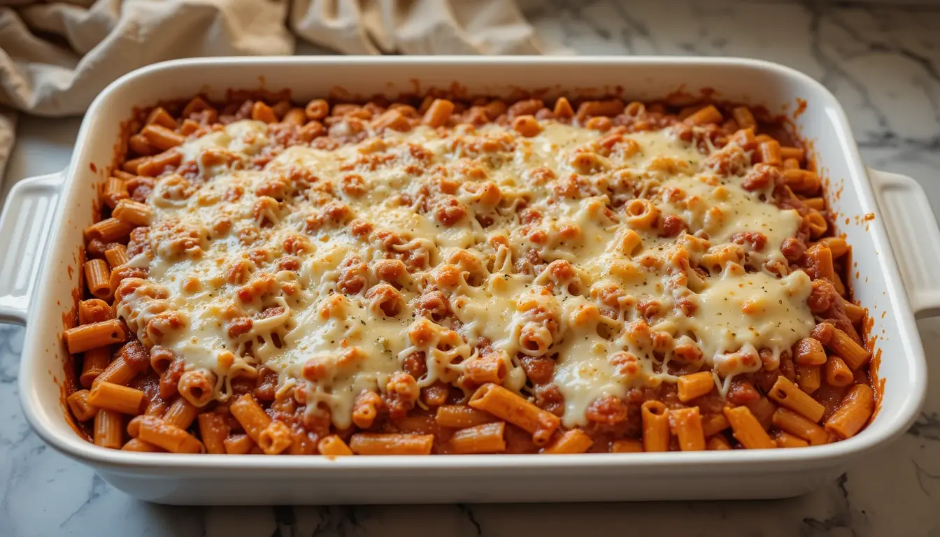 A delicious homemade baked ziti recipe no meat, featuring pasta baked in a rich tomato sauce and topped with melted mozzarella cheese in a white casserole dish.