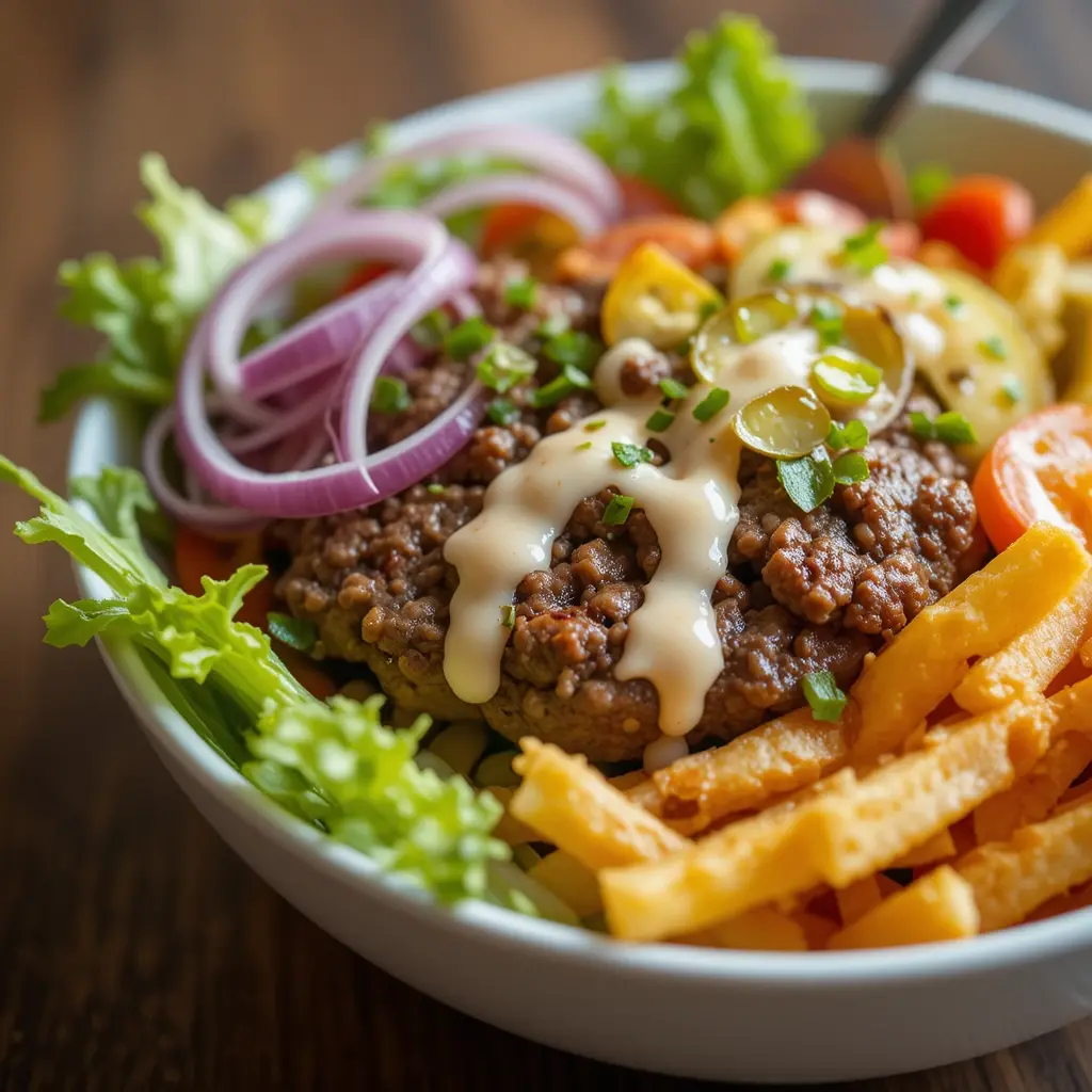 A hearty burger bowl recipe featuring a juicy beef patty, fresh lettuce, cherry tomatoes, red onions, jalapeños, creamy sauce, and crispy fries, served in a white bowl.