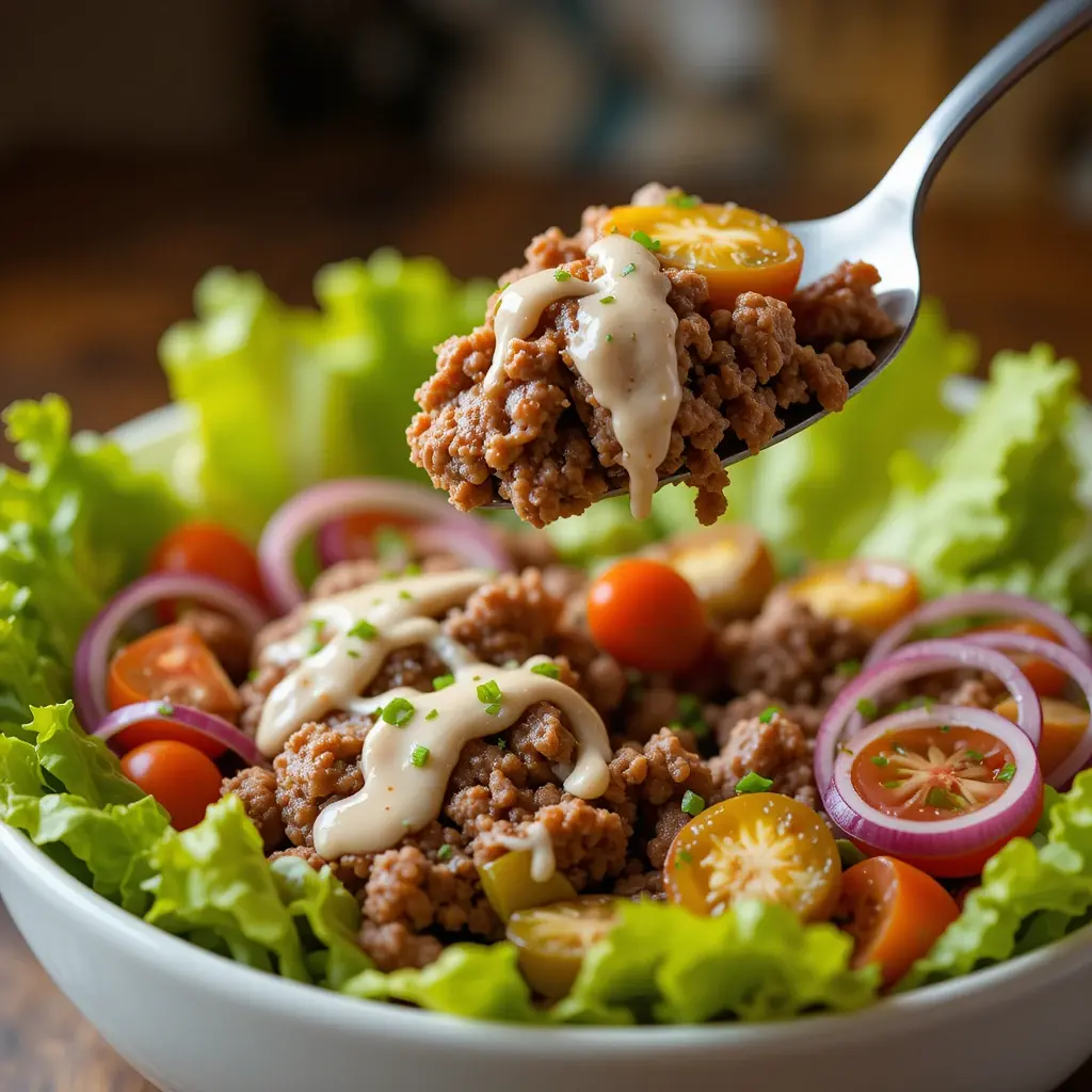 A delicious burger bowl recipe with seasoned ground beef, fresh lettuce, cherry tomatoes, red onions, and a drizzle of creamy sauce, served in a white bowl with a spoonful lifted for a close-up view.