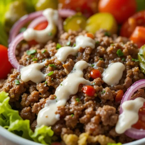 A flavorful burger bowl recipe featuring seasoned ground beef, fresh lettuce, cherry tomatoes, pickles, red onions, and a drizzle of creamy sauce, served in a white bowl.