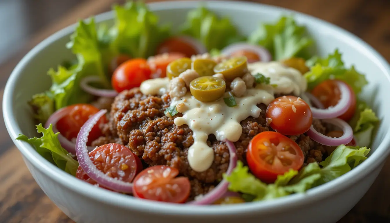 A delicious burger bowl recipe featuring seasoned ground beef, fresh lettuce, cherry tomatoes, red onions, jalapeños, chickpeas, and a creamy sauce, served in a white bowl.