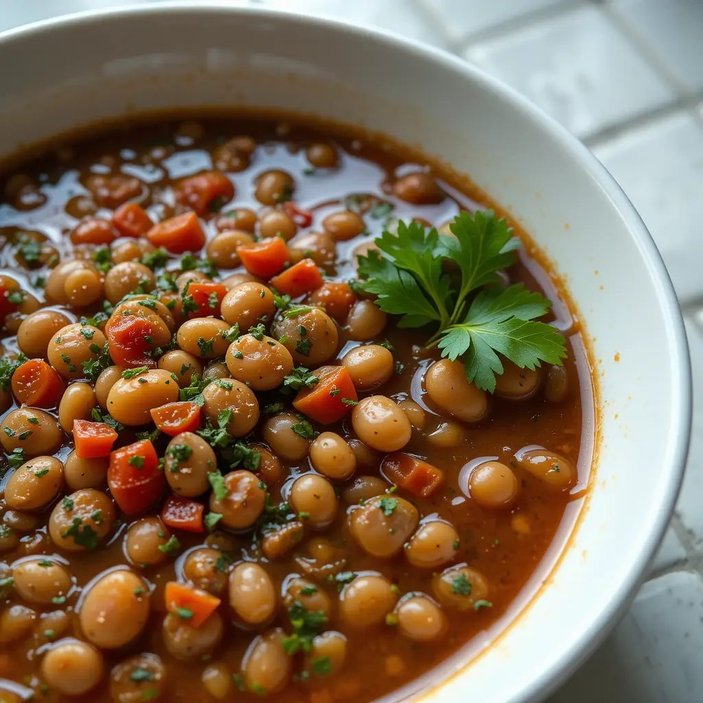 A close-up of a delicious charro beans recipe served in a white bowl. The beans are cooked in a rich, savory broth with diced tomatoes, carrots, and fresh parsley, creating a flavorful and hearty Mexican dish.