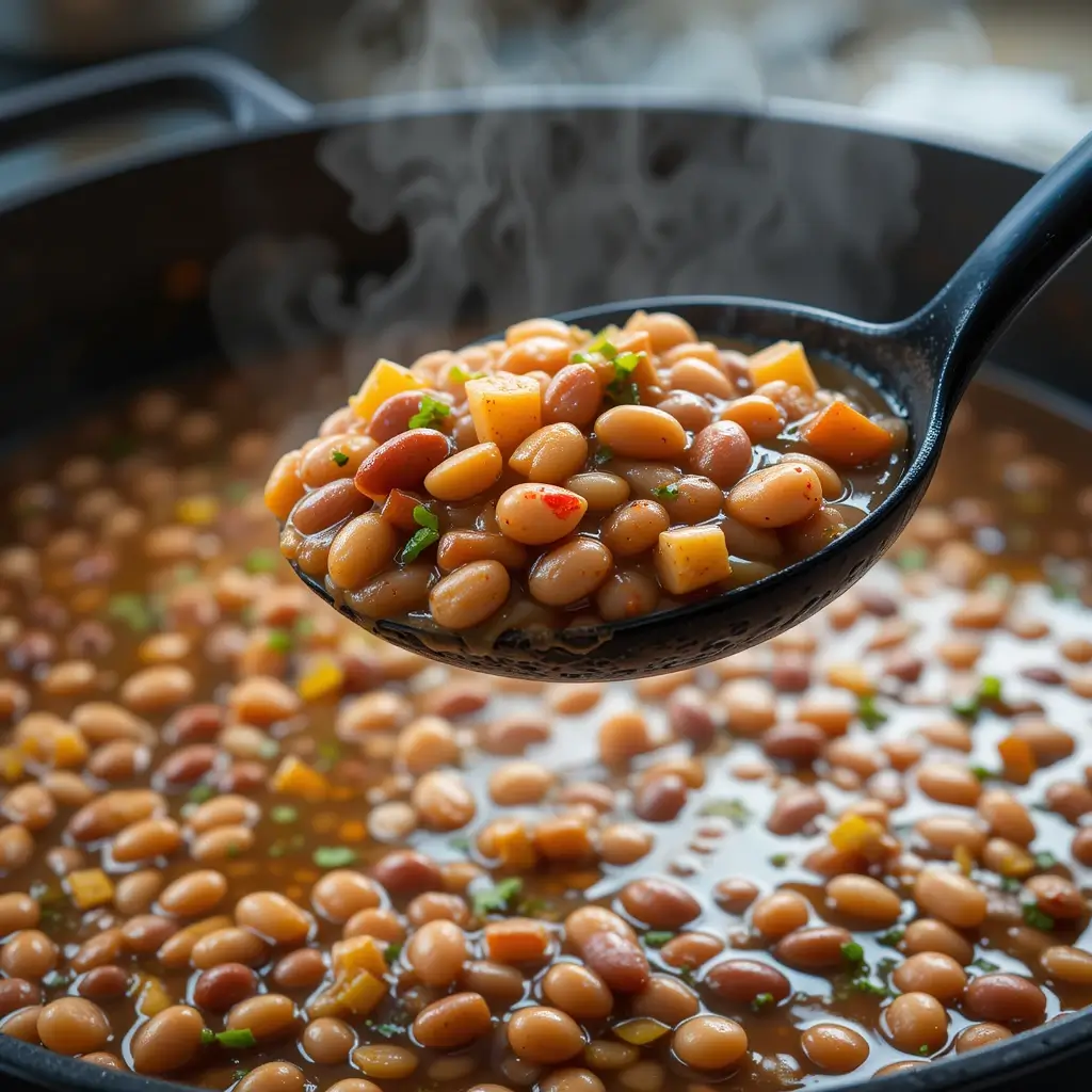 A steaming ladle of charro beans recipe, scooped from a simmering pot. The beans are cooked in a rich broth with diced vegetables, including potatoes and peppers, creating a flavorful and hearty dish.