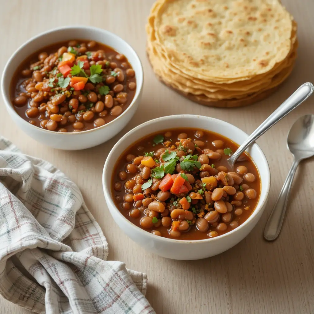 Two bowls of charro beans recipe served with fresh tortillas. The beans are cooked in a flavorful broth with diced carrots, tomatoes, and fresh herbs, making it a delicious and hearty meal.