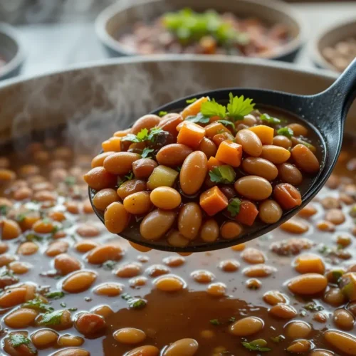 A steaming ladle of charro beans recipe, lifted from a large pot. The beans are cooked in a rich, flavorful broth with diced carrots, potatoes, and fresh herbs, making this a hearty and authentic Mexican dish.