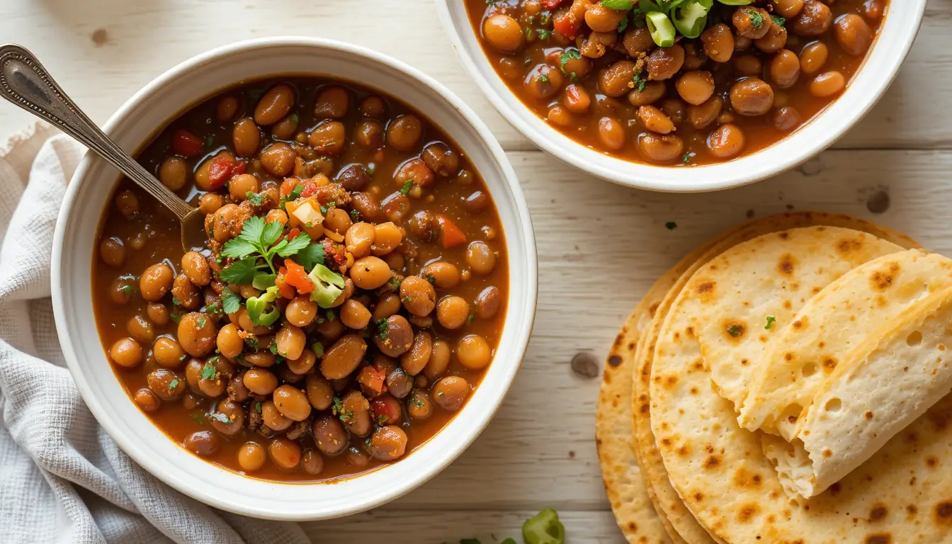 A delicious bowl of charro beans recipe served with warm, golden tortillas. The beans are cooked in a rich, savory broth with tomatoes, spices, and fresh herbs, making it a comforting and flavorful dish.