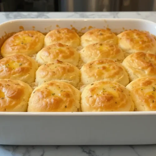 A freshly baked cheddar bay biscuit chicken pot pie in a white casserole dish, with golden, fluffy biscuits arranged on top of a creamy, savory filling.