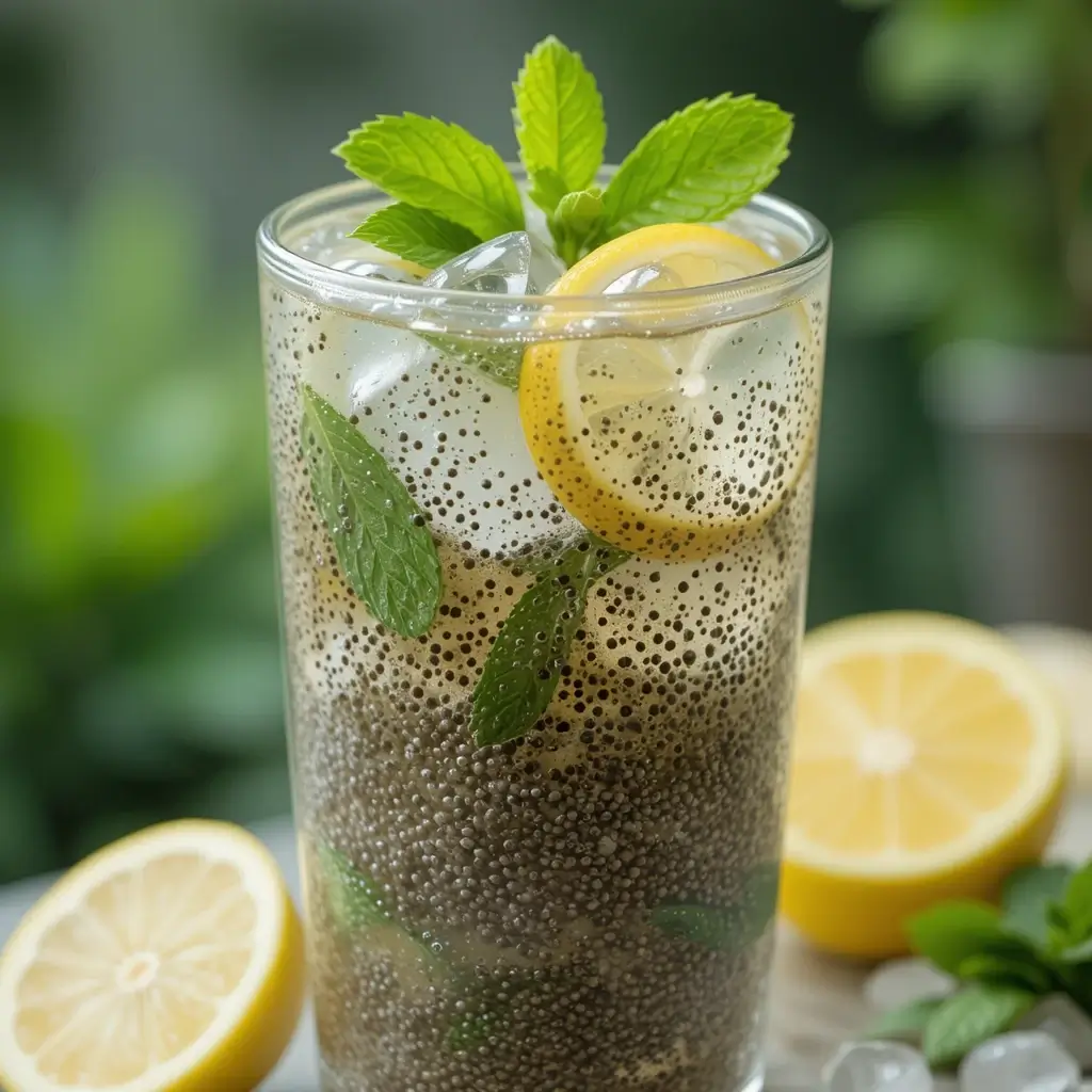 A refreshing chia water recipe featuring soaked chia seeds, lemon slices, mint leaves, and ice cubes in a glass, perfect for hydration and health benefits.