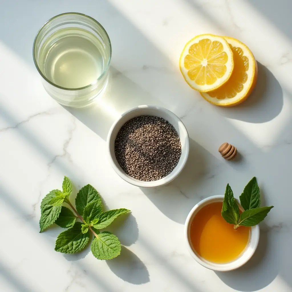 Ingredients for a chia water recipe displayed on a white marble surface, including chia seeds, lemon slices, fresh mint leaves, honey, and a glass of water.