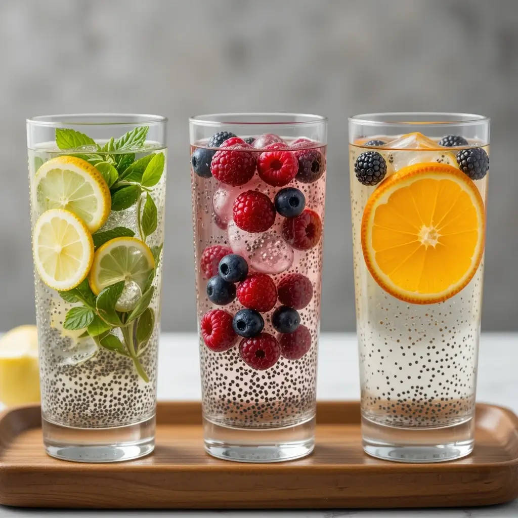 Three variations of a chia water recipe served in tall glasses, infused with lemon and mint, mixed berries, and orange with blackberries, placed on a wooden tray.