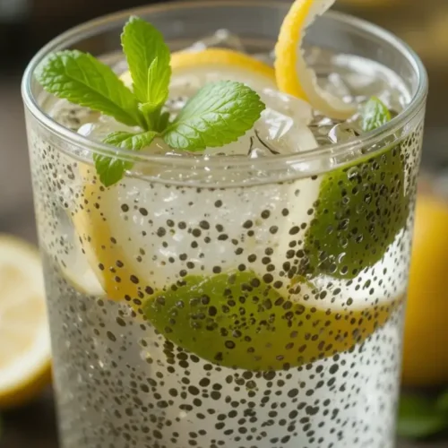 A refreshing chia water recipe featuring soaked chia seeds, lemon slices, fresh mint, and ice cubes in a glass, creating a healthy and hydrating drink.