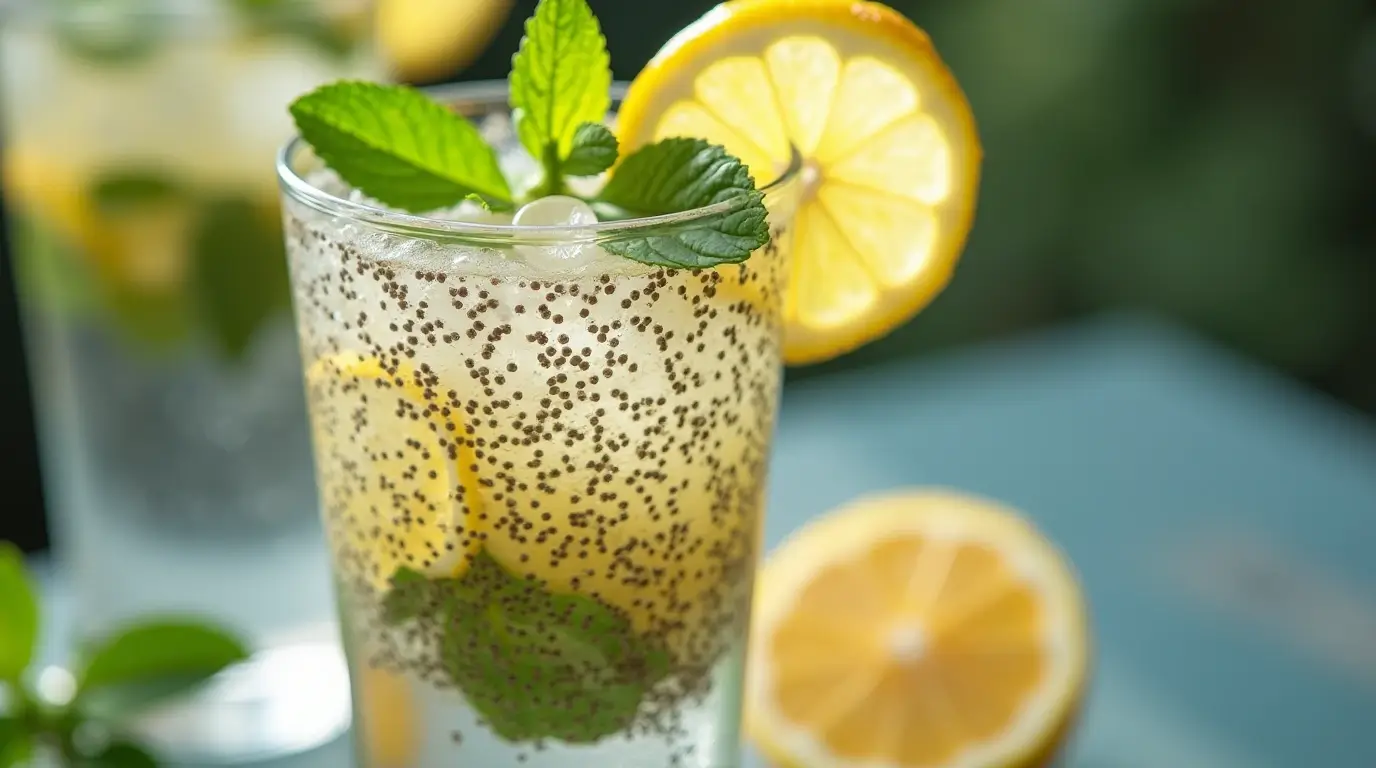 Refreshing chia water recipe with lemon slices, fresh mint leaves, and ice cubes in a glass, garnished with a lemon slice on the rim.