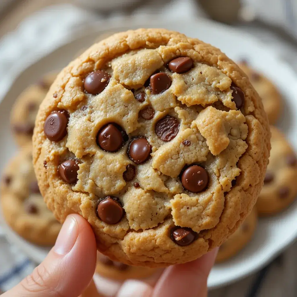 A close-up of a freshly baked chocolate chip cookie held in hand, showcasing its golden texture and rich chocolate chips, made using a chocolate chip cookie recipe without brown sugar.