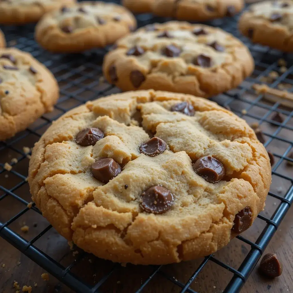 A freshly baked chocolate chip cookie resting on a cooling rack, featuring a golden, crumbly texture and rich chocolate chips, made using a chocolate chip cookie recipe without brown sugar.