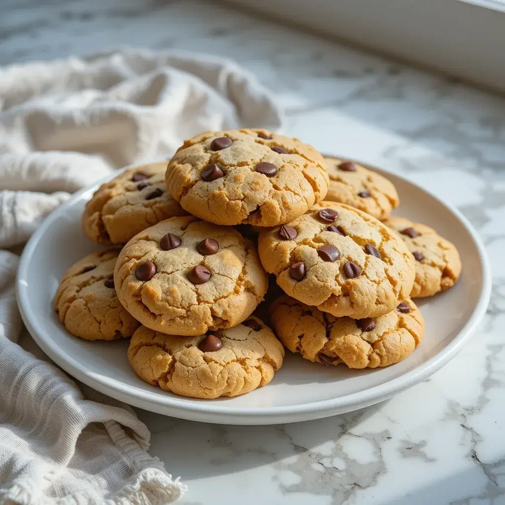 A plate of golden chocolate chip cookies arranged on a marble countertop, made using a chocolate chip cookie recipe without brown sugar, with a soft beige napkin in the background.