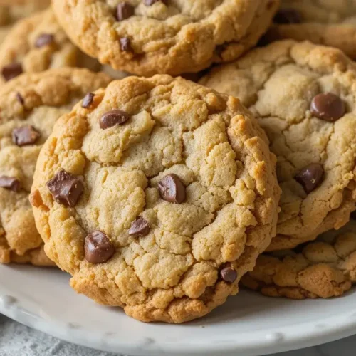 A plate of freshly baked chocolate chip cookies with a golden, crumbly texture, made using a chocolate chip cookie recipe without brown sugar, placed on a soft, neutral-colored cloth.