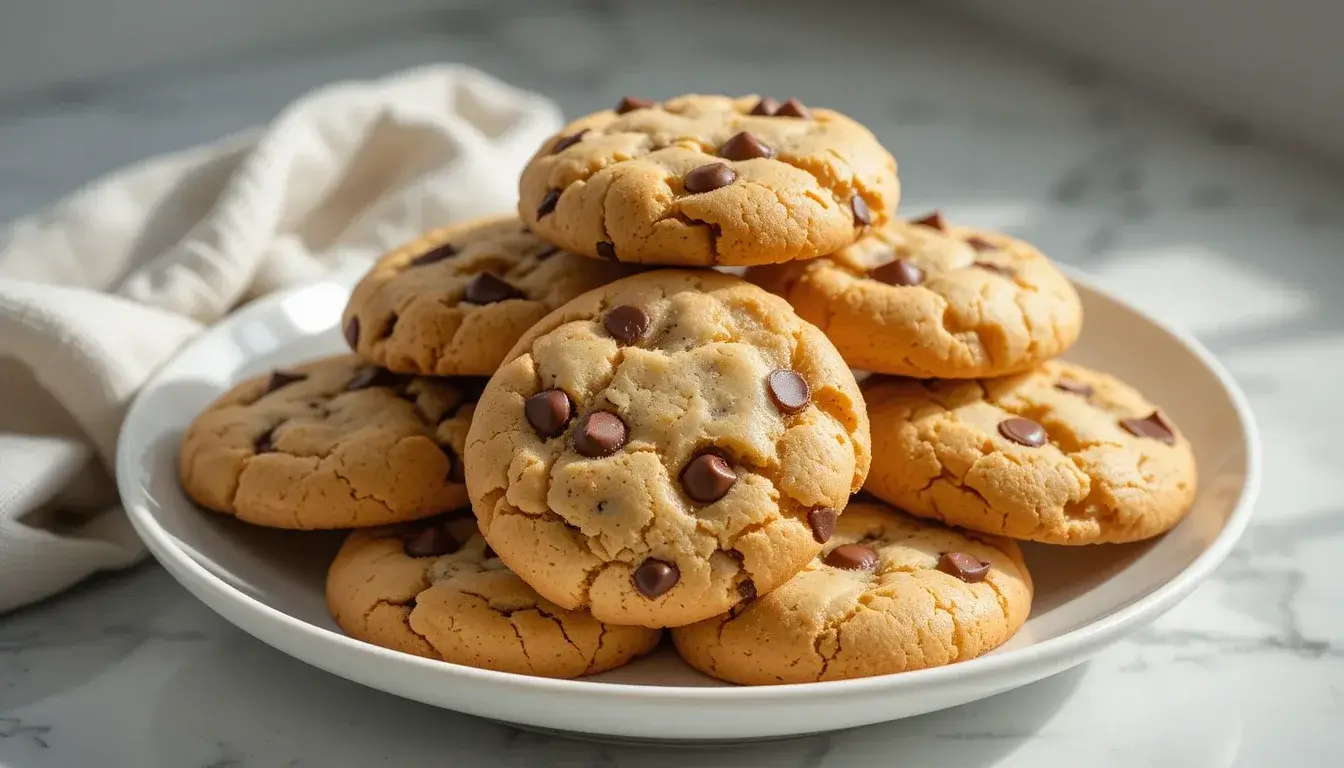 A plate of freshly baked chocolate chip cookies with a golden-brown crust, made using a chocolate chip cookie recipe without brown sugar, placed on a marble countertop with a soft beige napkin in the background.