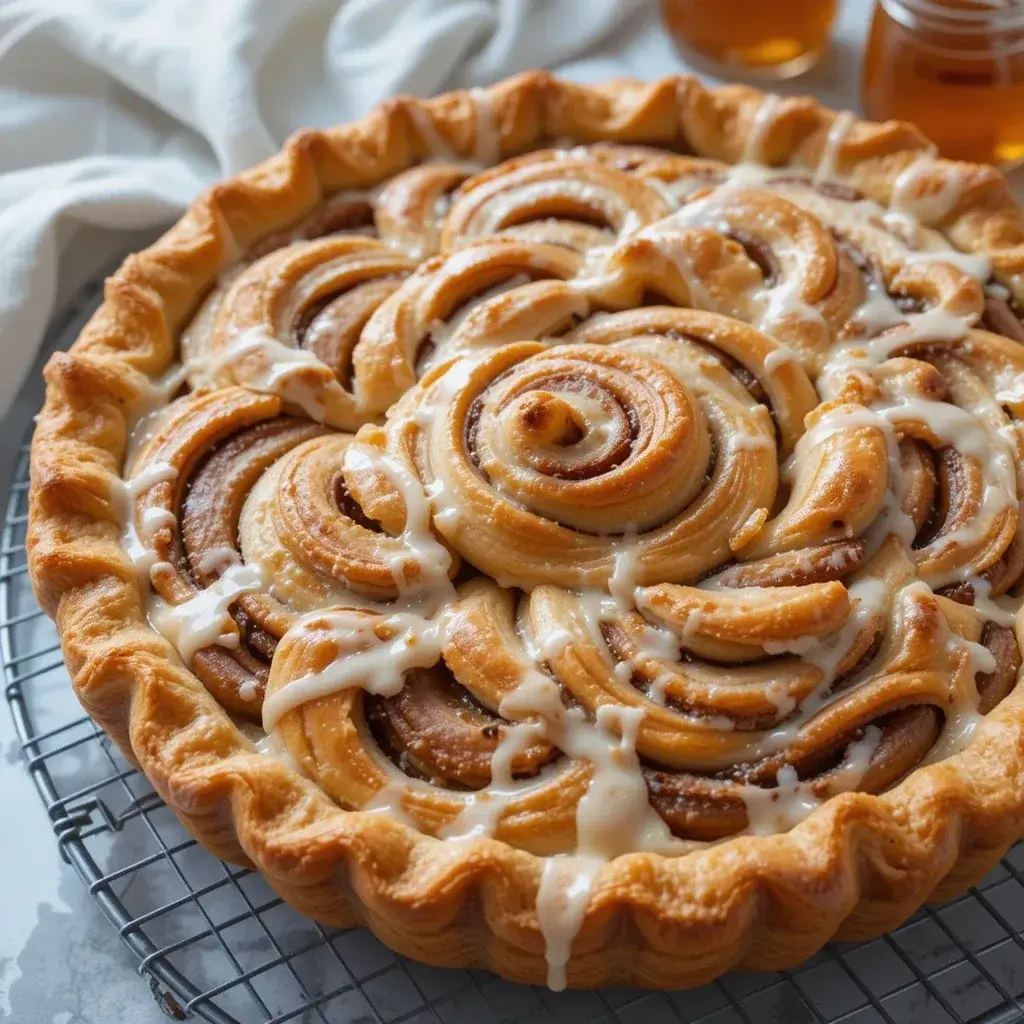 A freshly baked cinnamon roll apple pie with a golden-brown crust, topped with swirled cinnamon rolls and drizzled with sweet icing.