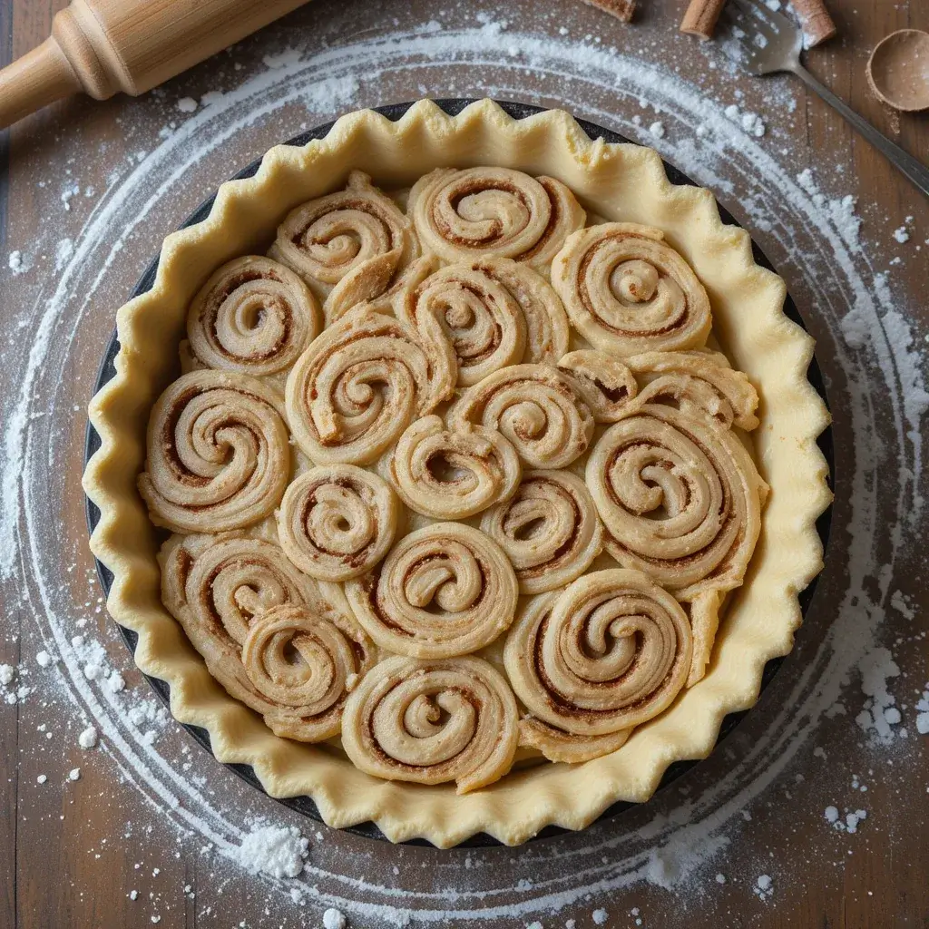 An unbaked cinnamon roll apple pie with neatly arranged cinnamon roll swirls in a flaky pie crust, ready for baking.