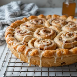 A freshly baked cinnamon roll apple pie with golden-brown cinnamon swirls, drizzled with icing, resting on a cooling rack.