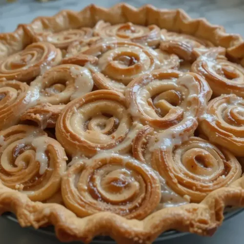 A freshly baked cinnamon roll apple pie with golden-brown cinnamon roll swirls on a flaky pie crust, drizzled with sweet icing, sitting on a marble countertop.