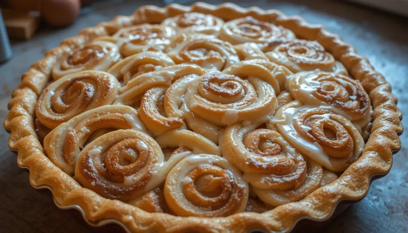 A delicious cinnamon roll apple pie with golden-brown cinnamon roll swirls arranged on a flaky pie crust, drizzled with sweet icing.