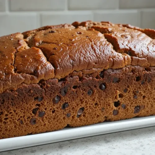 A freshly baked loaf of date nut bread with a deep golden-brown crust, rich texture, and studded with dates and nuts. This date nut bread recipe produces a perfectly moist and flavorful loaf.