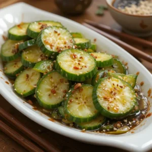 A beautifully presented Din Tai Fung cucumber salad recipe, featuring fresh cucumber slices marinated in a savory soy-based sauce, topped with sesame seeds, crushed peanuts, and red pepper flakes, served on a white dish.