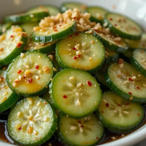 A close-up of a Din Tai Fung cucumber salad recipe, showcasing fresh cucumber slices marinated in a savory soy-based dressing, garnished with sesame seeds, crushed peanuts, and red pepper flakes for a crunchy and flavorful appetizer.