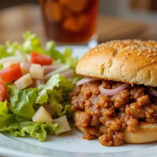 A delicious easy sloppy joe recipe 3 ingredients served on a sesame seed bun with red onion slices, accompanied by a fresh green salad with tomatoes, cheese, and onions on a white plate.