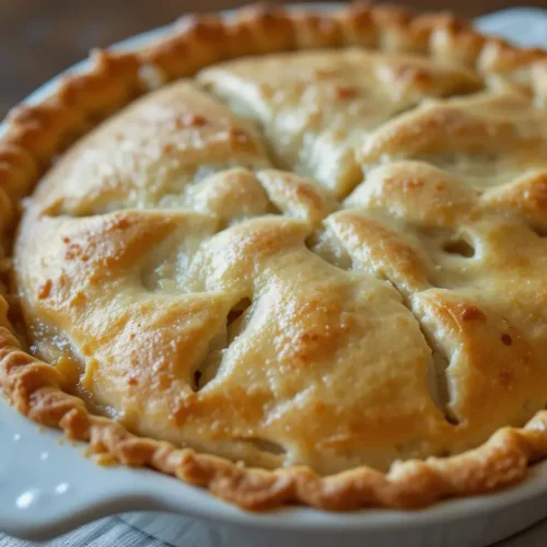 A freshly baked gluten free chicken pot pie with a golden, flaky crust in a white ceramic dish, resting on a wooden table.