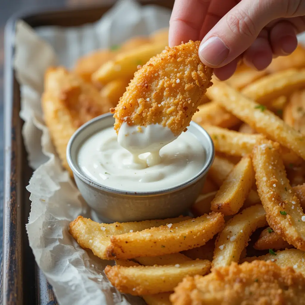 A close-up of crispy gluten free fish and chips, with a golden-battered fish fillet being dipped into a creamy tartar sauce, served with seasoned fries.