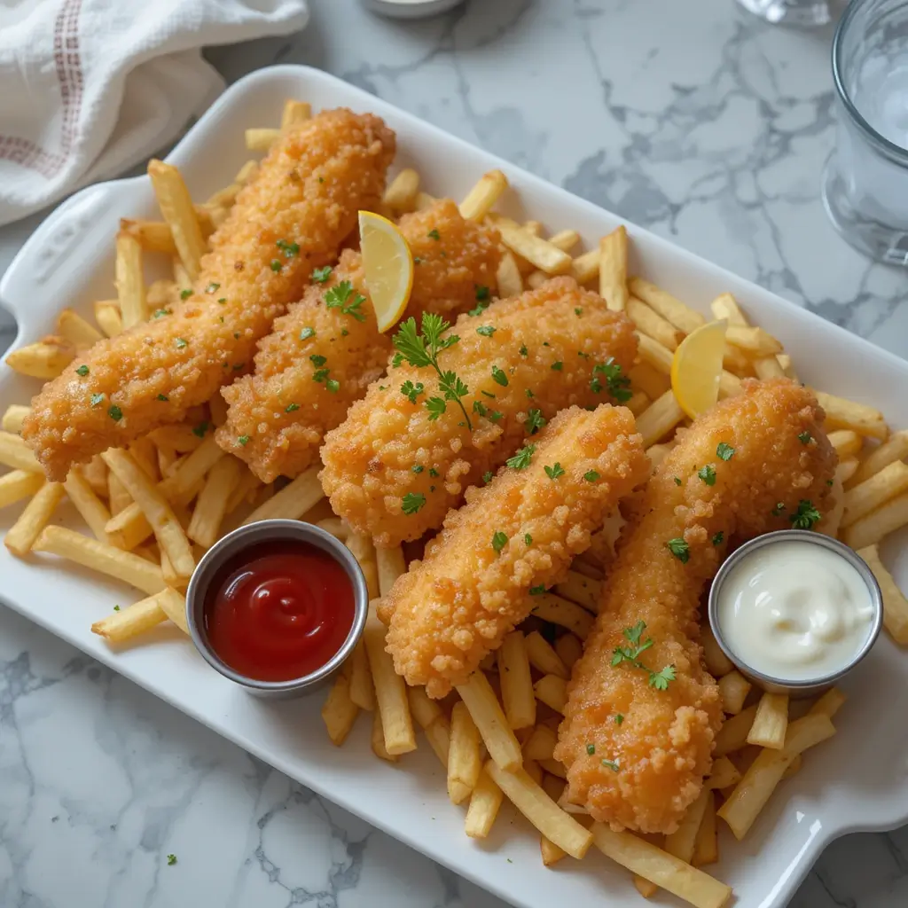 A delicious serving of gluten free fish and chips, featuring crispy battered fish fillets on a bed of golden fries, garnished with fresh parsley and lemon wedges, accompanied by ketchup and tartar sauce.