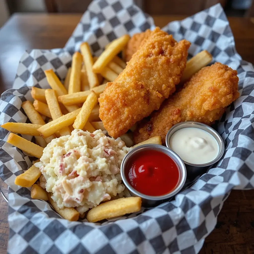 A basket of gluten free fish and chips, featuring crispy battered fish fillets served with golden fries, potato salad, ketchup, and tartar sauce.