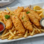 A delicious plate of gluten free fish and chips, featuring crispy golden-brown battered fish fillets served on a bed of French fries, accompanied by ketchup, tartar sauce, and lemon wedges.