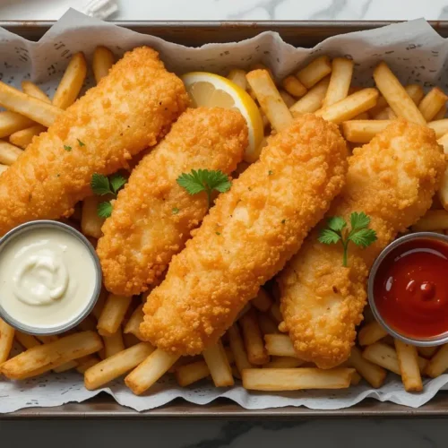 A tray of gluten free fish and chips, featuring golden-battered fish fillets served on a bed of crispy fries, garnished with fresh parsley and lemon wedges, accompanied by ketchup and tartar sauce.