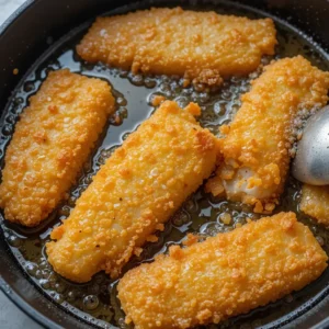 Crispy battered fillets frying in oil, the key step in making gluten free fish and chips, with a golden crust forming on each piece.