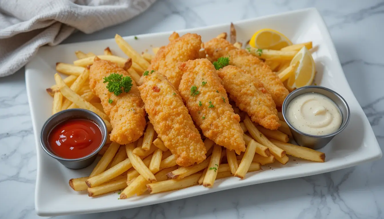 A delicious plate of gluten free fish and chips, featuring crispy golden-brown battered fish fillets served on a bed of French fries, accompanied by ketchup, tartar sauce, and lemon wedges.