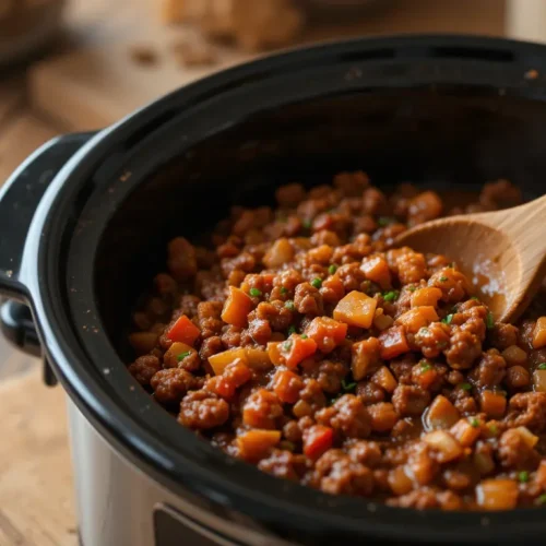 A rich and savory ground beef crock pot recipe slow-cooked with tender beef, vegetables, and flavorful seasonings in a black slow cooker.