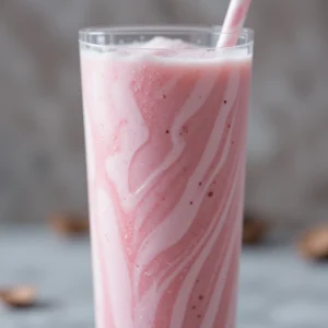 A creamy pink smoothie with an elegant marbled swirl, served in a tall glass with a straw. Inspired by the Hailey Bieber smoothie recipe, this drink is refreshing, stylish, and nutrient-packed.