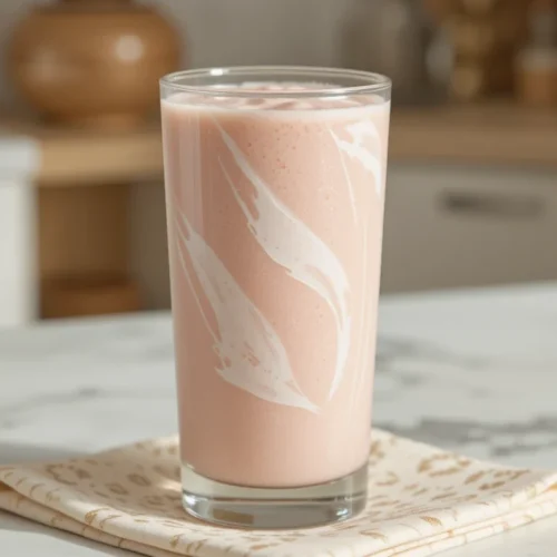 A creamy pink smoothie with a marbled swirl effect, served in a tall glass on a decorative napkin. Inspired by the Hailey Bieber smoothie recipe, this drink is refreshing, stylish, and nutrient-rich.