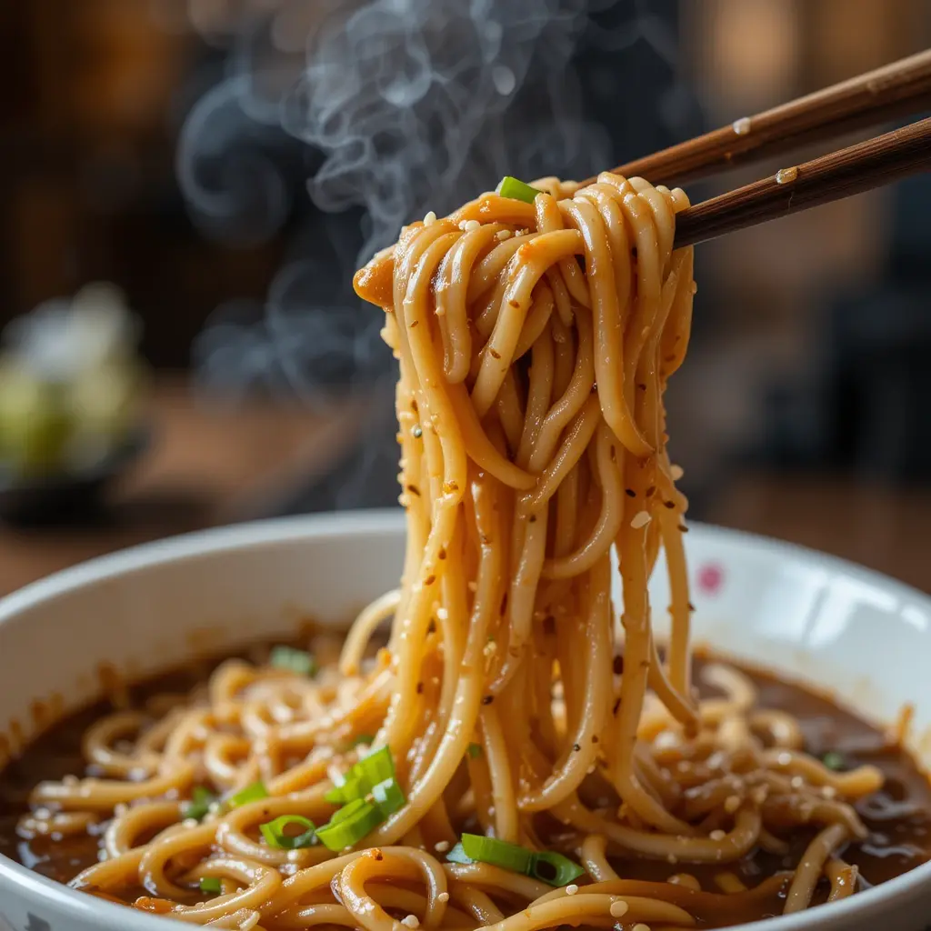 Steaming hot hibachi noodles lifted with chopsticks, coated in a flavorful sauce and garnished with sesame seeds and green onions. A perfect visual for a hibachi noodles recipe.