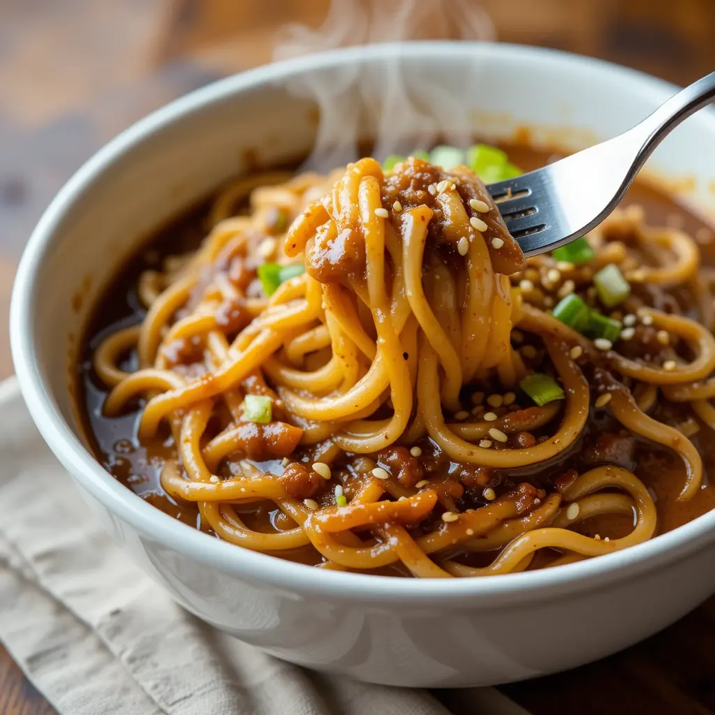 A bowl of hibachi noodles coated in a rich, savory sauce, lifted with a fork and garnished with green onions and sesame seeds. A perfect dish for a hibachi noodles recipe.