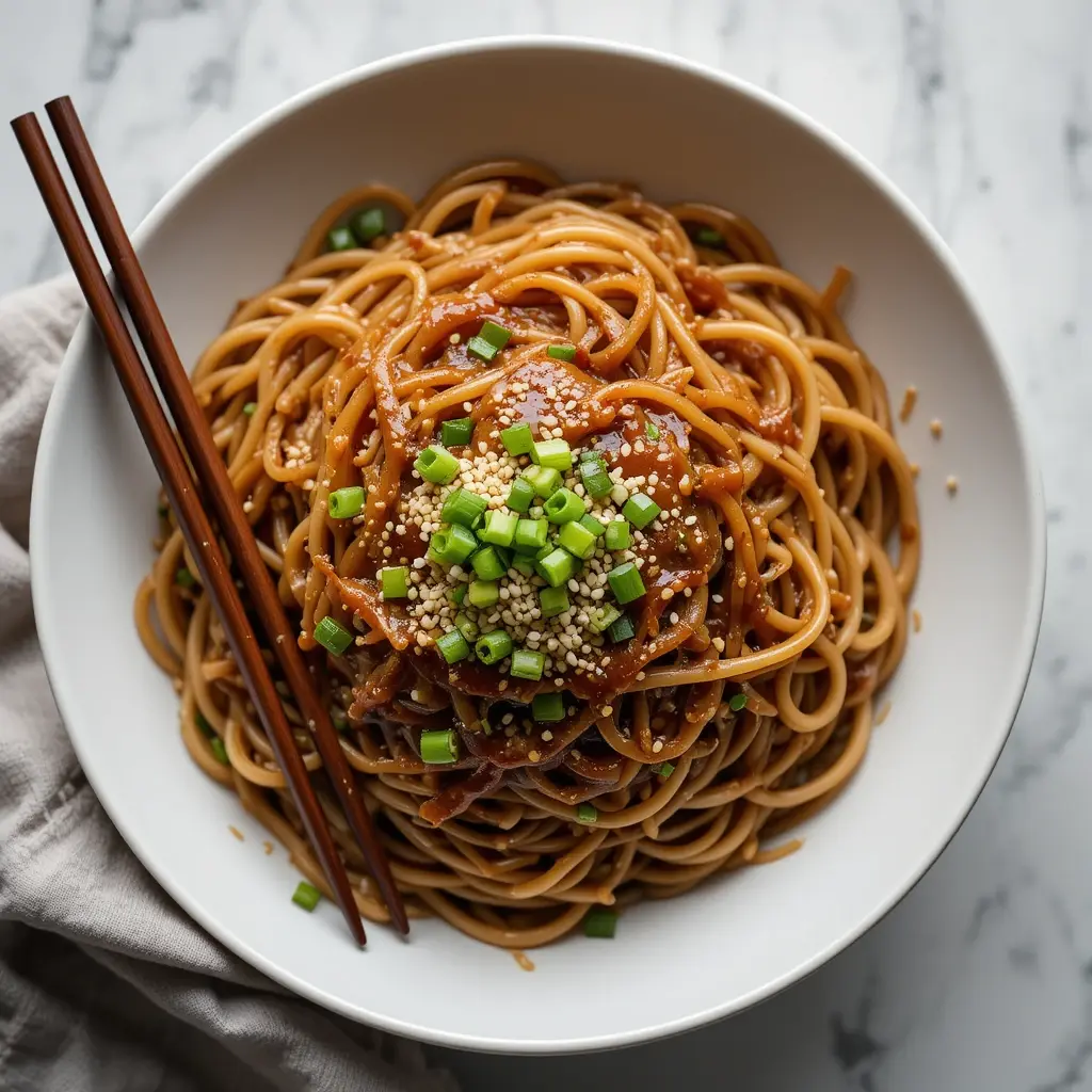 A plate of hibachi noodles coated in a flavorful sauce, garnished with fresh green onions and sesame seeds, served with chopsticks. A delicious hibachi noodles recipe.