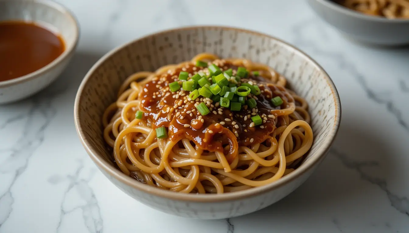 A delicious bowl of hibachi noodles topped with a rich, savory sauce, garnished with fresh green onions and sesame seeds. Perfect for a homemade hibachi noodles recipe.