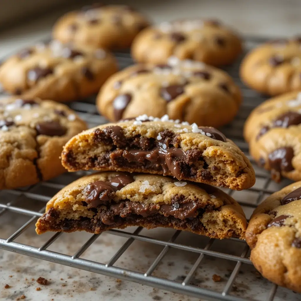 Freshly baked cookies with a golden-brown exterior, filled with melted chocolate, and topped with flaky sea salt, made using the Jacques Torres chocolate chip cookie recipe.