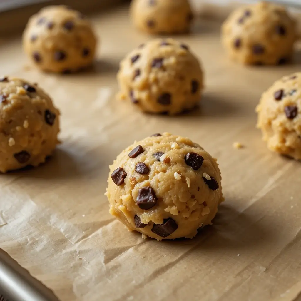 Balls of chocolate chip cookie dough on a parchment-lined baking sheet, prepared using the Jacques Torres chocolate chip cookie recipe.