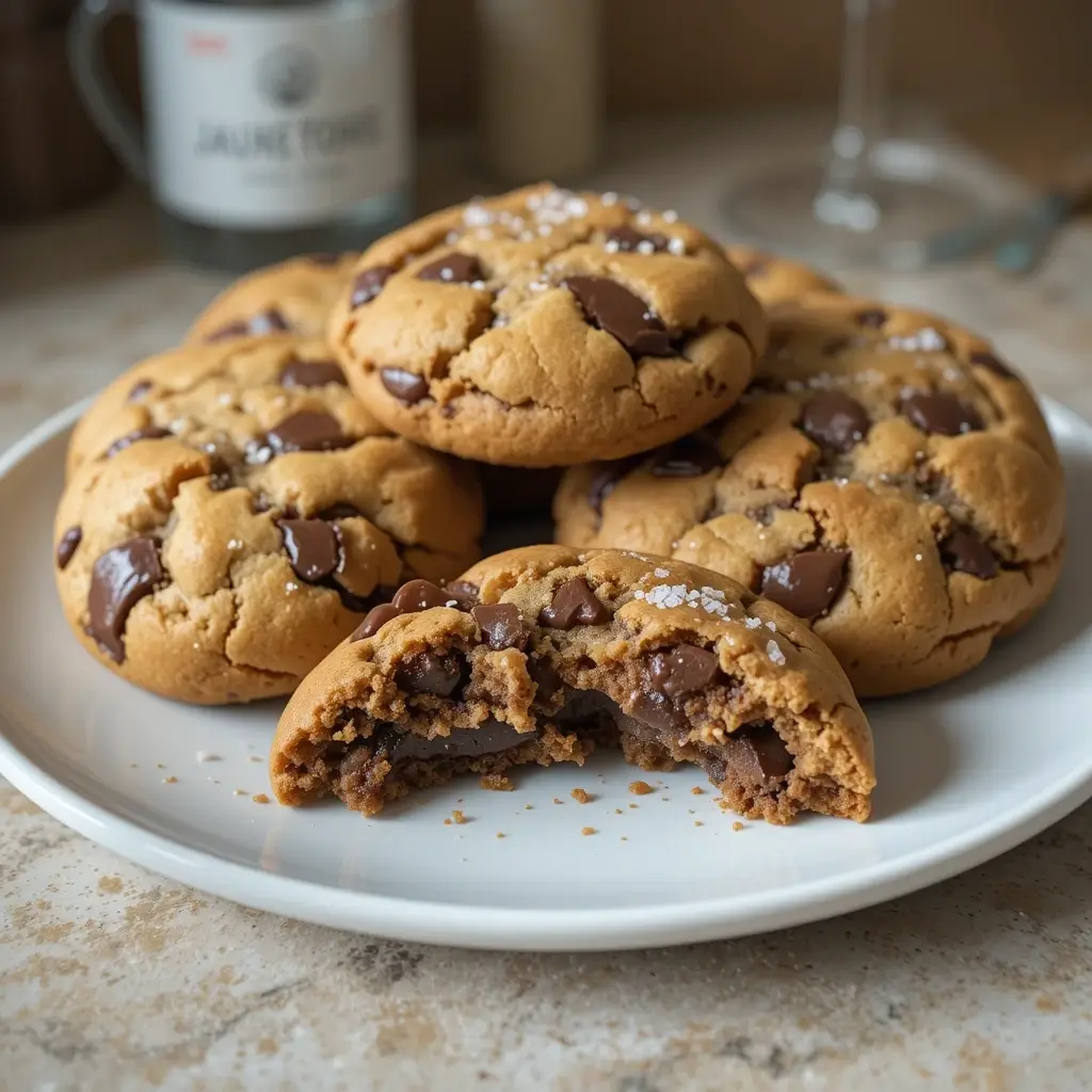 A plate of freshly baked chocolate chip cookies with gooey melted chocolate inside, made using the Jacques Torres chocolate chip cookie recipe, topped with flaky sea salt.