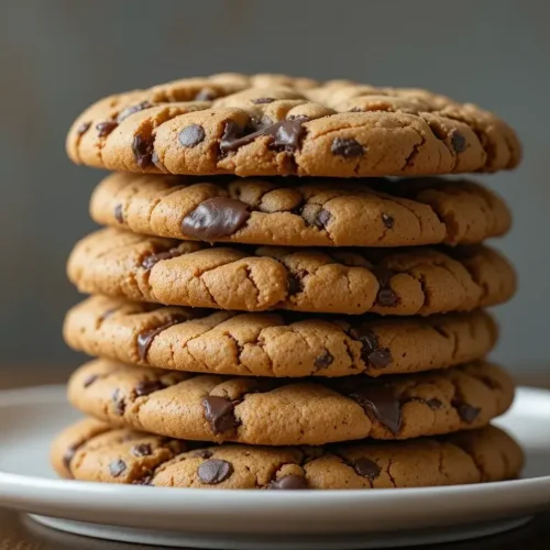 A tall stack of freshly baked chocolate chip cookies with melted chocolate chunks, made using the Jacques Torres chocolate chip cookie recipe, served on a white plate.